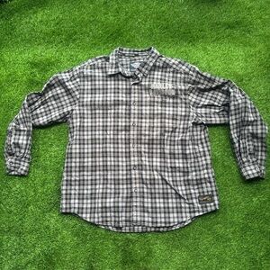 Harley Davidson black, white, and gray plaid long sleeve button up